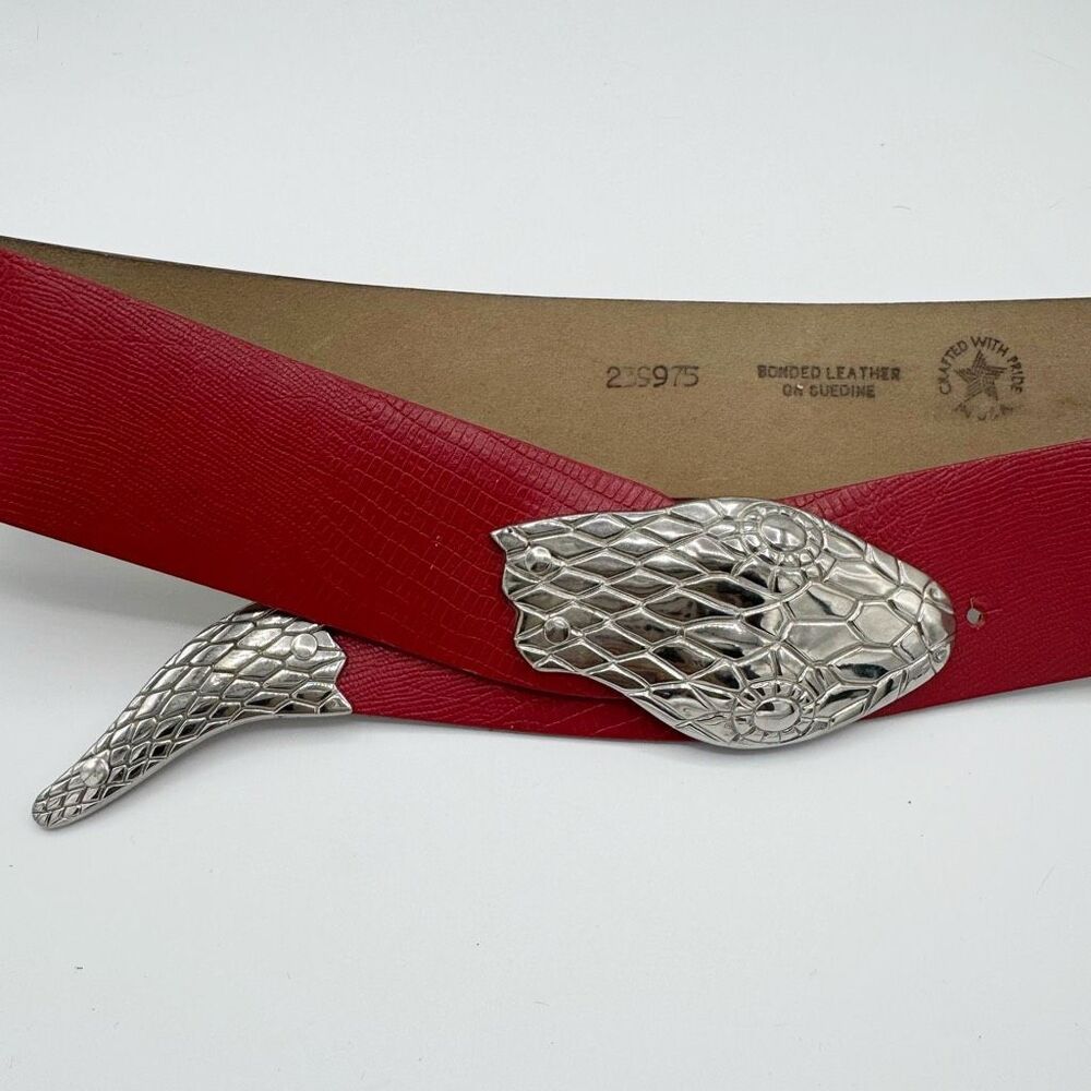 Vintage Usa Made Red Leather Silver Python Snake … - image 2